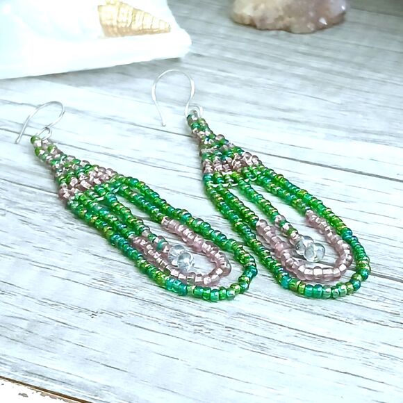 Boho Chic Beaded Dangle Earrings, Pink & Green, Seed Bead Jewelry, 3.5" - Picture 8 of 9